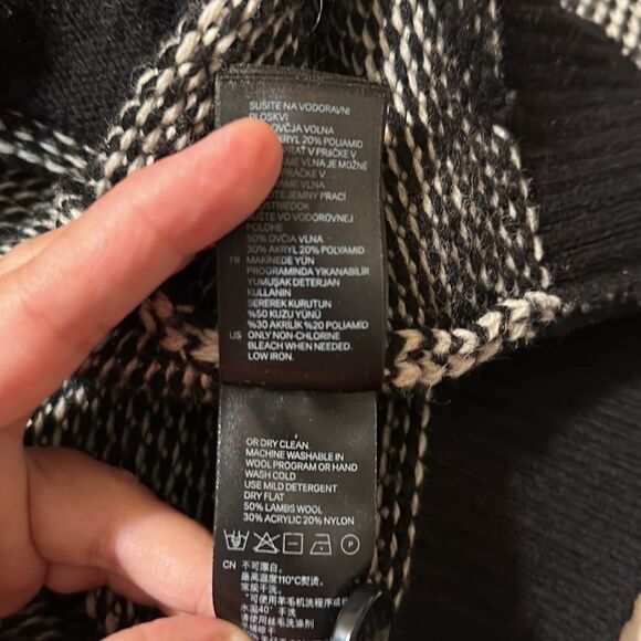 H&M L Black White Checkered Knit Wool Blend Shawl Button Front Cardigan Sweater - Picture 11 of 12